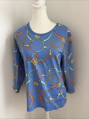 J McLaughlin Blue Chain-Print Long-Sleeve Women’s Top NWOT